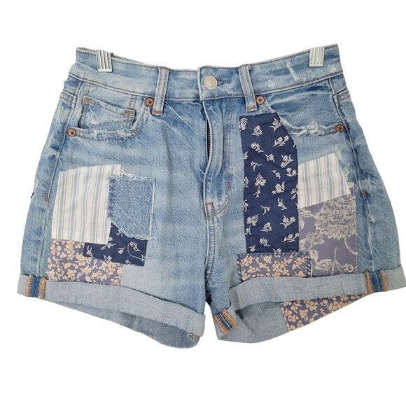 American Eagle Outfitters Pants - American Eagle Outfitters Womens Patchwork Denim Mom Jean Shorts Size 0 High Ris